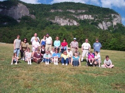 Group at Chimney Rock Park: Front row L-R: Anna, Karen S., Elizabeth, Tammy (kneeling), Karen W., Nancy, Donna, Kay, Bill, Kim, Michael, Ariel, Lori, Kyle. Back row L-R: Jayne, Diana, Debbie, Phil, April, Conrad, Jill, Sarah, John, Patrick, Fitz 