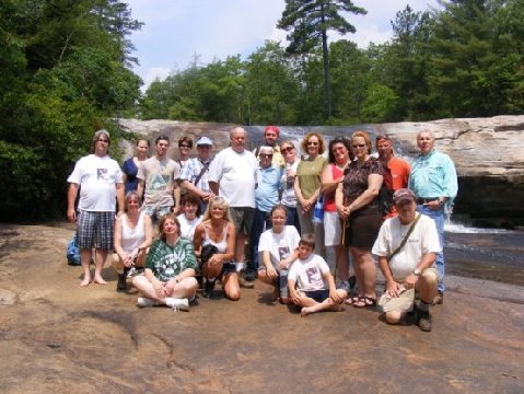 Group at top of Bridal Veil Falls: Standing L-R: Brian, Kim, Michael, April, John, Phil, Bill, Conrad, Kay, Jill, Diana, Elizabeth, Eric, & Chris, our fearless Dupont leader. Seated in front row: Karen S., Donna, Tammy, Carolyn, Sierra, Andrew, Fitz.